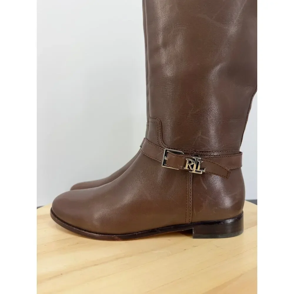 Ralph Lauren Womens Brooke Tall Riding Boots Size 7.5 Brown Leather Classic